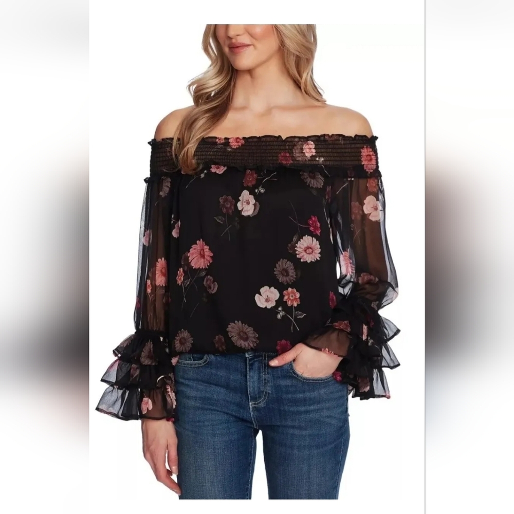 CeCe Women's Black Garden Floral Smocked Romantic Off-The-Shoulder Spring